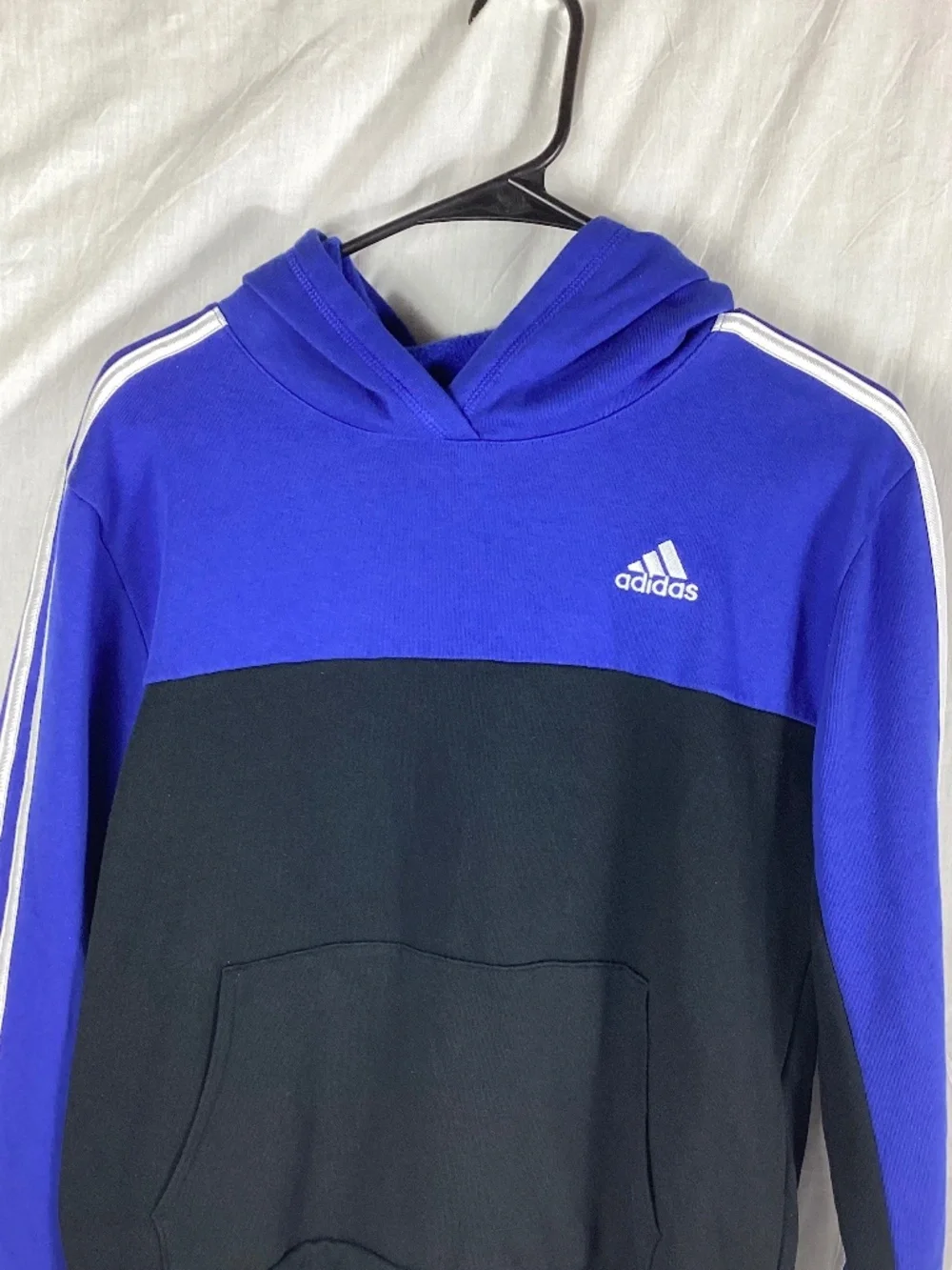Adidas Boys Hooded Pullover Size Large 14/16 Blue Black Embroidered Logo